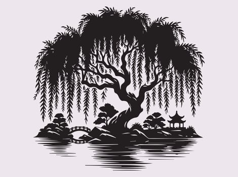 Beautiful Black Silhouette of a Willow Tree Over a Pond for Nature-Inspired Art vector