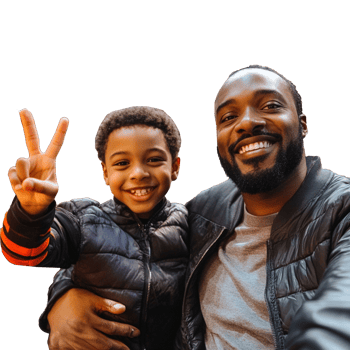 A man and a young boy are smiling and making the peace sign png