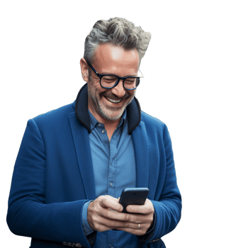 A man in glasses and a blue suit is looking at his phone png