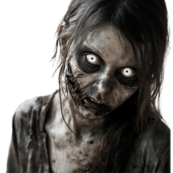 A haunting depiction of a female zombie with transparent eyes against a stark transparent background, Female Zombie with transparent Eyes on transparent background png