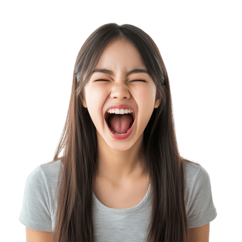 A joyful Asian girl shouting with a big smile against a bright background during a sunny afternoon, Happy beautiful Asian girl shouting and smiling isolated on transparent background png