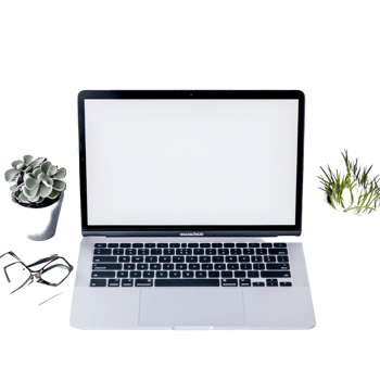 A sleek laptop on a transparent background with empty screen and potted plants beside it, ideal for workspace inspiration, laptop with empty space on transparent background png