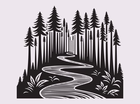 Minimalist Black Redwood Forest Path Silhouette for Unique Design Projects vector