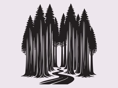 Black Redwood Forest Path Silhouette for Logos, Prints, and Tattoo Ideas vector