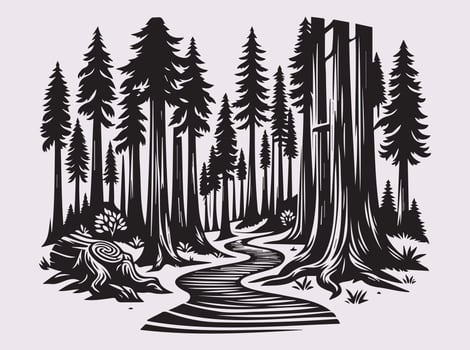 Classic Black Silhouette of a Redwood Forest Path for Nature-Inspired Art vector