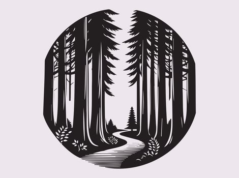 Elegant Black Silhouette of a Redwood Forest Path for Wall Art and Home Decor vector