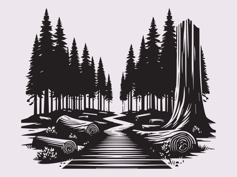 Detailed Black Redwood Forest Path Silhouette for Artistic and Decorative Uses vector