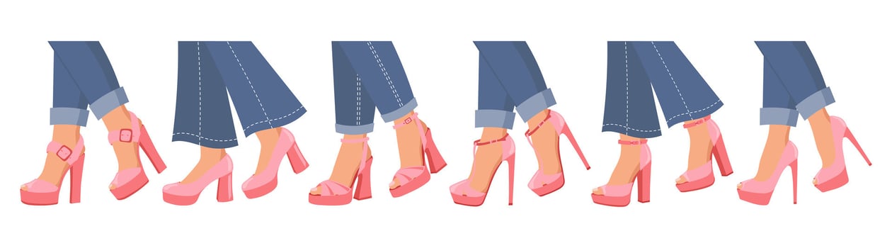Set of female legs in different pink high heel shoes and blue jeans. Fashion design. Flat style illustration. vector