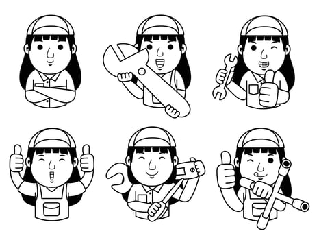woman mechanic cartoon character line art vector