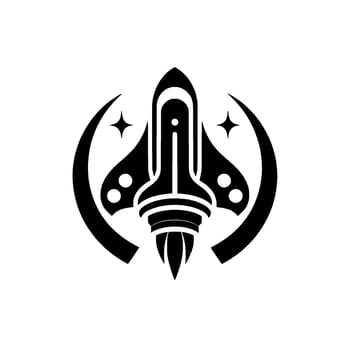 Black and White Illustration of a Stylized Rocket Ship with Wing Details, Stars, and Crescent Surrounding it. vector