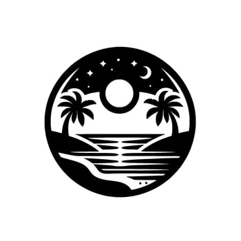 Minimalist Circular Night Beach Scene Palm trees silhouette, ocean under the moon, and stars, a serene, black and white artistic illustration. vector
