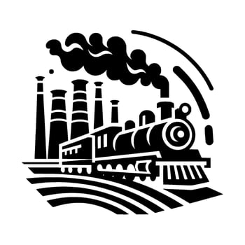 Stylized Black and White Illustration of a Vintage Steam Train with Industrial Smokestacks and Billowing Smoke. vector