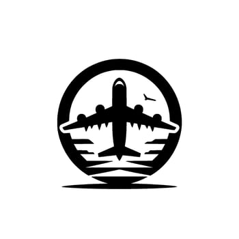 Black Silhouette Airplane in Circle with Sea and Bird, Modern Travel . vector