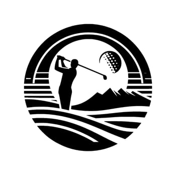 Silhouette Golf Swing Golfer, Ball, Mountain Landscape, and Curved Lines in a Circular , Black and White. vector