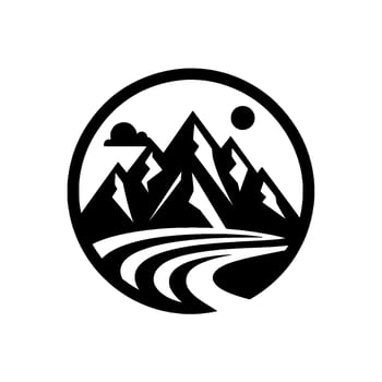 Minimalist Black and White Circular Featuring Majestic Mountains, a Winding Road, and a Symbolic Sun Cloud. vector