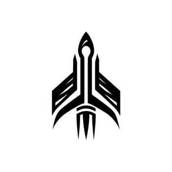 Modern, Geometric Black and White of Rocket Ship with Stylized Wings and Tail, Against White Background. vector