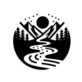Circular black and white minimalist illustration Majestic mountains framing a winding river, sun, and stylized evergreen trees, evoking nature and tranquility. vector
