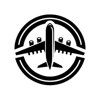 A minimalist black and white airplane silhouette encircled within a doublelined ring, evoking travel and aviation concepts. vector