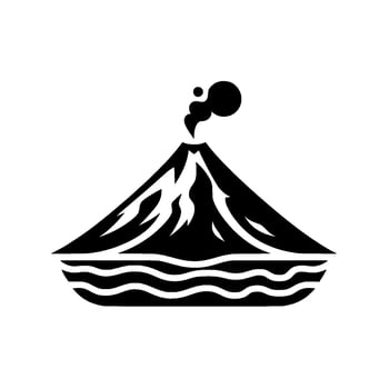 A stylized black and white illustration featuring a volcanic mountain erupting smoke over wavy water, evoking natures power. vector