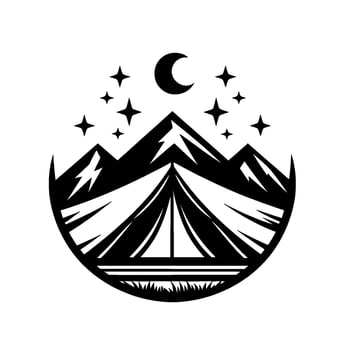 Stylized Black and White Illustration of a Campsite Under a Crescent Moon and Starry Night Sky Enclosed in a Circle. vector