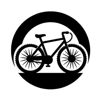 A bold, minimalist black silhouette of a mountain bike enclosed within a thick circular frame, set against a pristine white backdrop. vector