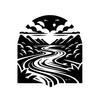 Black and White Landscape Arch Serpentine River, Mountain Silhouette, Cloudscape with SunMoon, Minimalist . vector