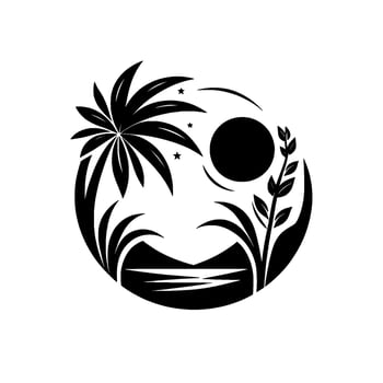 Silhouette of a tropical scene, a black and white circular featuring a palm tree, sun, stars, plants, and a beach landscape. vector