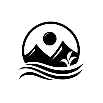 Circular, stylized depicting a tranquil landscape with mountains, a sun, waves, and minimalist plant details, all in black on a white background. vector