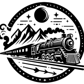 Black and white vintage train traversing mountain landscape under a starlit sky, framed in a decorative circle. vector