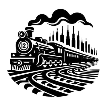 Vintage black and white train locomotive leaving a city, illustrated on curved tracks with prominent smokestacks and skyline. vector