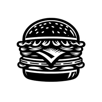 Detailed Black White Burger Illustration, Highlighting Layers of Ingredients, on White Background. vector