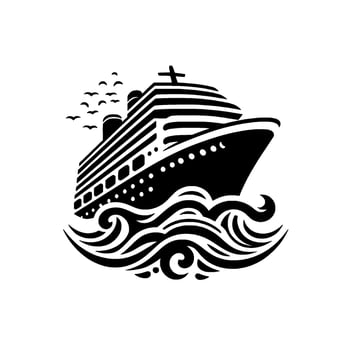 Black and white minimalist cruise ship with stylized waves and birds, depicting travel and luxury. vector