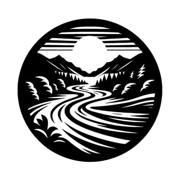 Black and White Circular Depicting a Scenic River Valley with Mountains, Trees, and Sun in a Serene, Stylized . vector