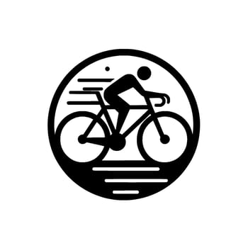Minimalist black and white circular depicting a cyclist riding a bicycle, surrounded by speed lines and a single dot, symbolizing motion. vector