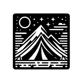 Black and white stylized nighttime camping scene illustration featuring mountains, a tent, stars, and a full moon, framed in a square. vector