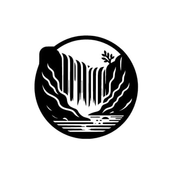 A minimalist, circular black and white illustration showcasing a serene waterfall cascading down a rocky cliff into a calm river, with a small tree. vector