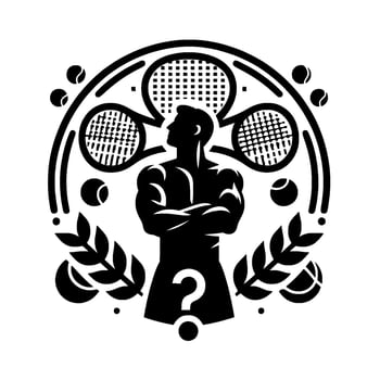 Silhouette of a tennis player with arms crossed, surrounded by tennis equipment, leaves, and question mark in a circular . vector