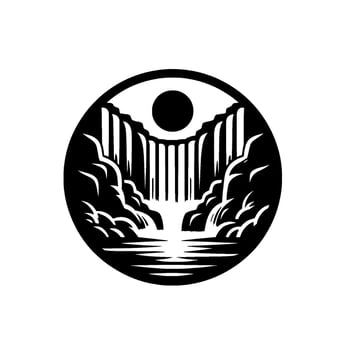 Circular Monochrome Illustration Scenic Waterfall cascading into a serene pool between towering cliffs, with a sun at the top. vector