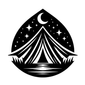 Black and White Illustration of a Camping Scene Under a Crescent Moon and Starry Night Sky, Featuring a Tent and Lakeside Silhouette vector