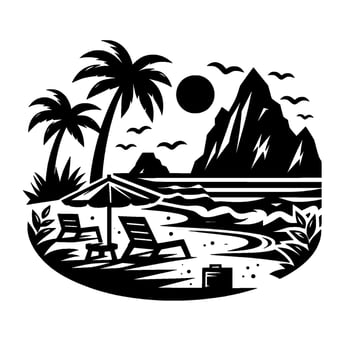 Serene Black White Tropical Beach Scene Palms, Mountain, Umbrella, Chairs, Birds, Sun, Waves, Briefcase. vector