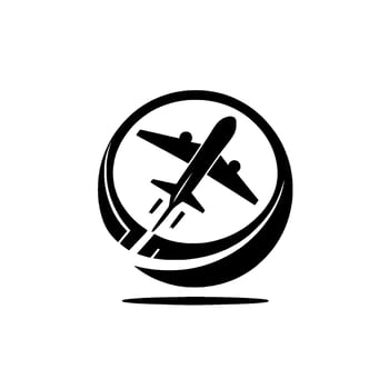 Stylized black airplane within a circular frame, featuring motion lines, conveying flight and travel. vector
