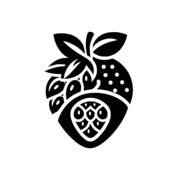 Artistic, stylized black and white illustration of a partially sliced strawberry, with leaves, revealing detailed interior patterns. vector