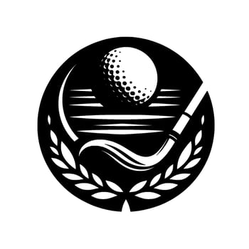 Black and white circular golf with a golf ball, club, layered water, and laurel wreath for sports branding. vector
