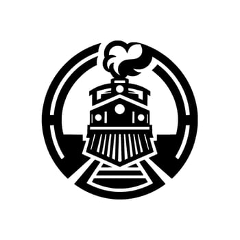 Bold Black and White Train Emblem Inside a Circular Frame, Featuring Detailed Locomotive and Smoke. vector
