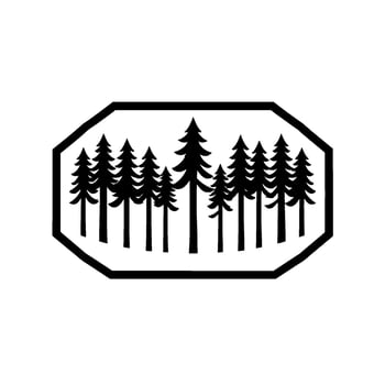 Monochromatic minimalist forest of fir trees inside an octagonal border, natureinspired for logos or emblems. vector