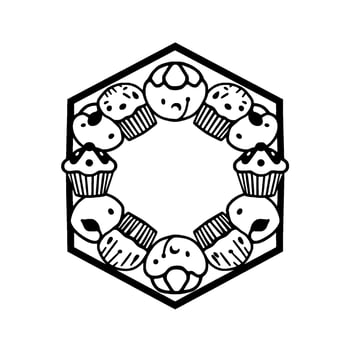 Adorable Hexagonal Frame of Happy, Smiling Cupcakes and Sweets with Minimalist Black and White . vector
