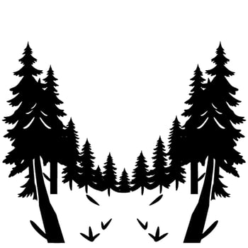 Black Silhouette Forest Scene Symmetry of Evergreen Trees Trail Markers, Minimalist on White Backdrop. vector