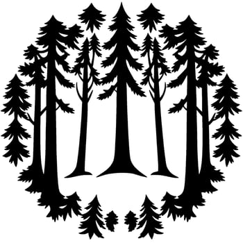 Circular Silhouetted Forest Tall Pine Trees in a Detailed Black and White Composition, Representing Nature and Wilderness. vector