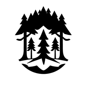 Stylized Black and White Forest Scene Pine Trees, Mountain Silhouette, and Organic Circular Composition. vector