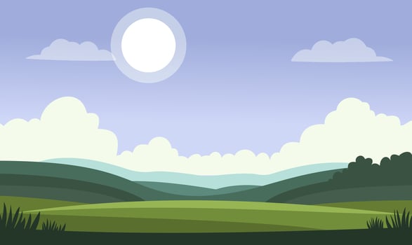 Beautiful Green Meadow Field Hill Nature Landscape with Sun in Bright Sky vector